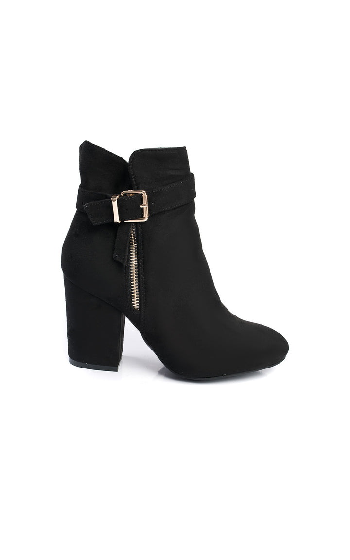 Buckle Faux Suede Ankle Boots featuring a black faux suede finish, gold buckle, block heel, and zipper detail, ideal for stylish autumn/winter outfits.