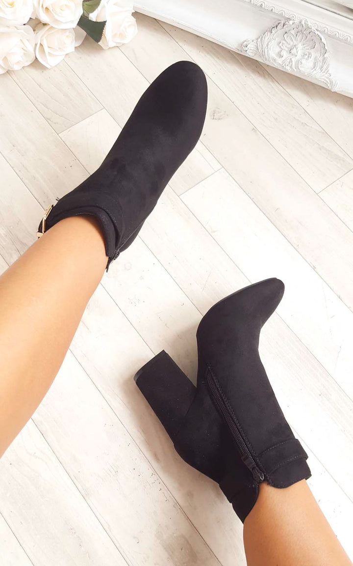 Buckle Faux Suede Ankle Boots with gold zipper and strap detail, featuring a block heel and faux suede finish, ideal for stylish autumn/winter outfits.