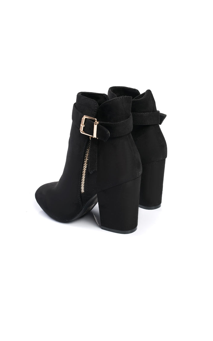 Buckle Faux Suede Ankle Boots featuring a black faux suede finish, block heel, gold zip, and strap detail, designed for a chic autumn/winter look.