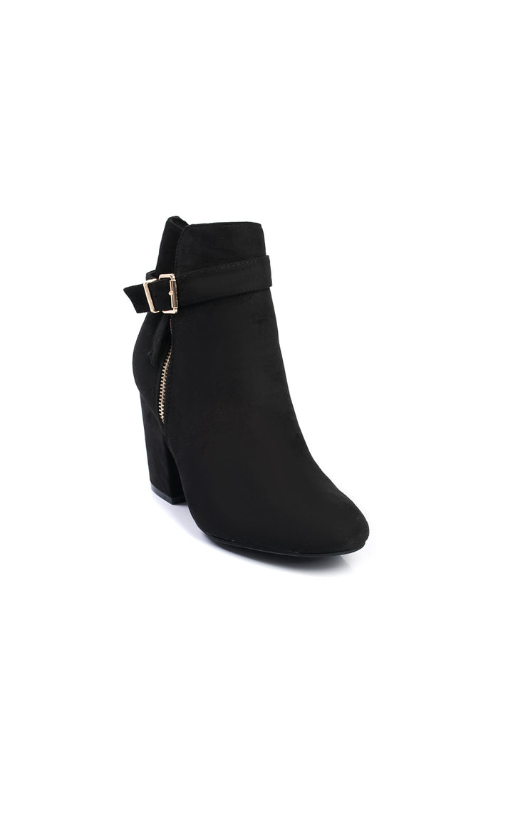 Buckle Faux Suede Ankle Boots with gold buckle and strap detail, featuring a block heel and inner zip. Perfect for stylish autumn/winter outfits.