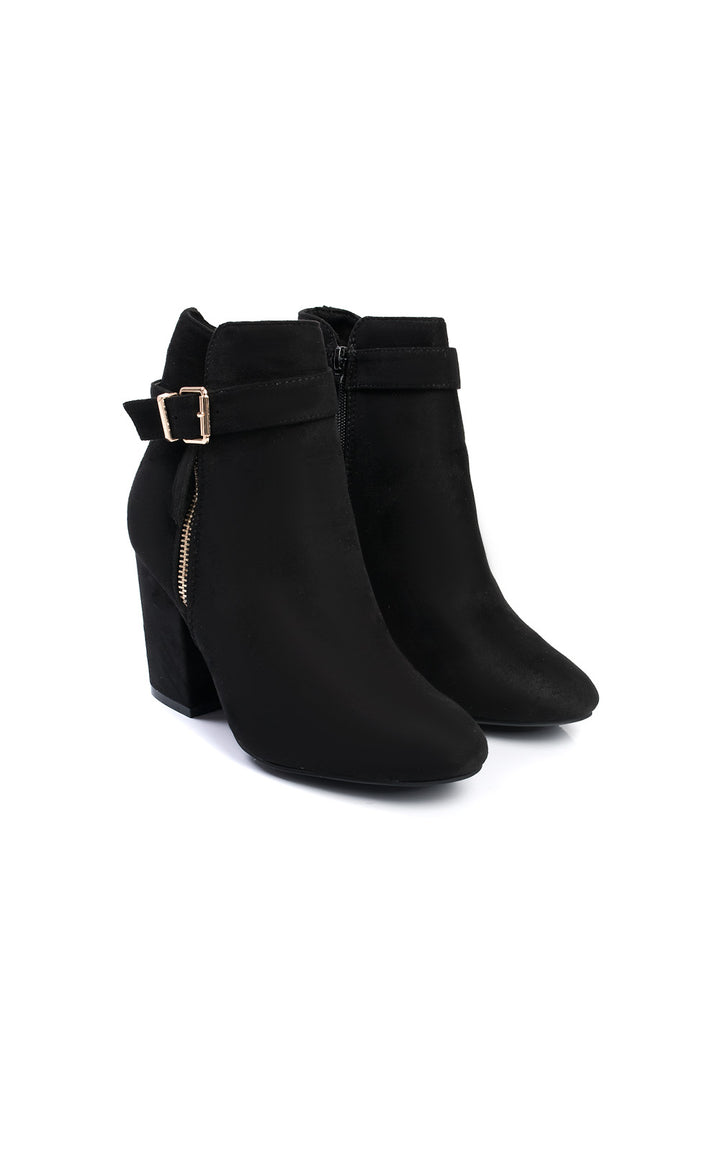 Buckle Faux Suede Ankle Boots with block heel, gold zip, and strap detail, perfect for pairing with skinny jeans and an oversized jumper.