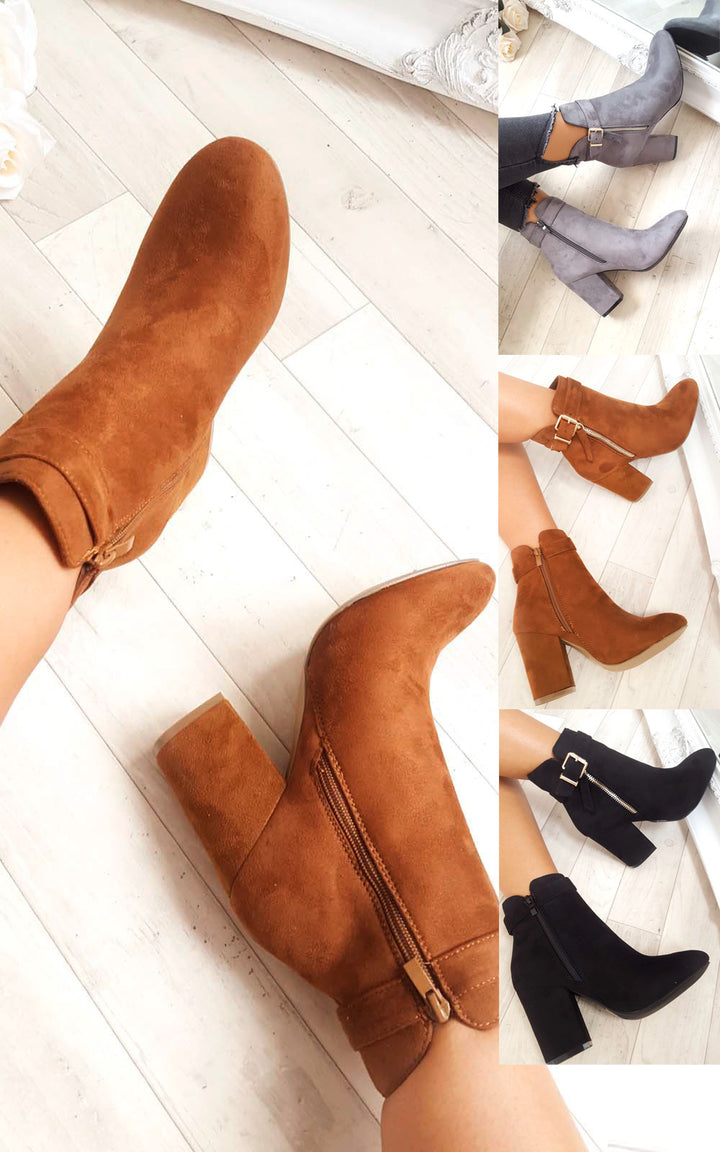 Buckle Faux Suede Ankle Boots with gold zip and strap detail, block heel, and faux suede finish, perfect for pairing with skinny jeans and a jumper.