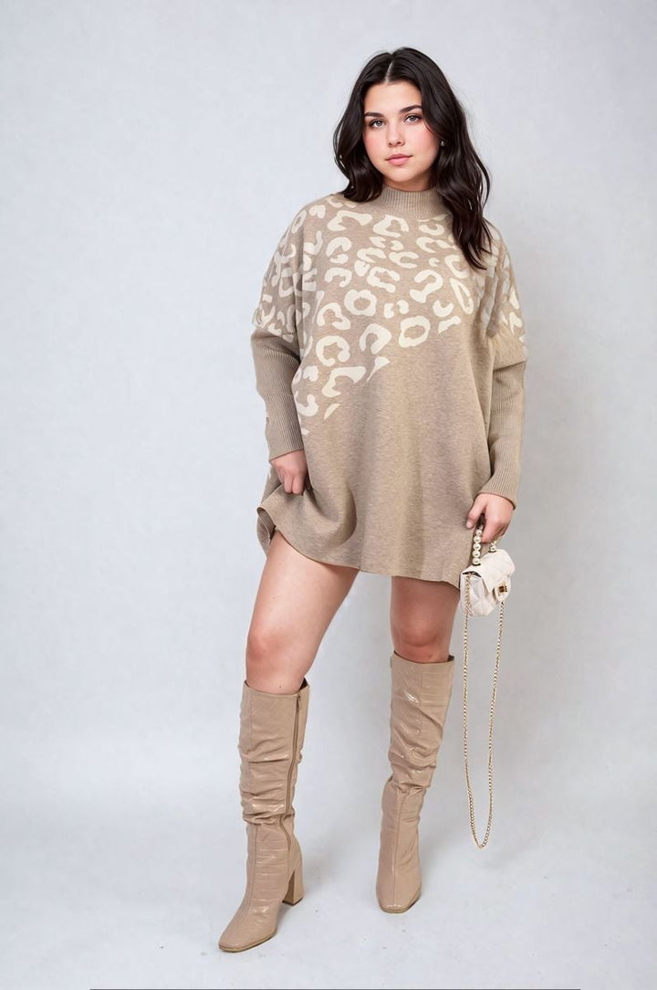 Woman wearing Leopard Print Knitted Long Sleeve Jumper and tan boots, showcasing a stylish look perfect for versatile holiday or everyday outfits.