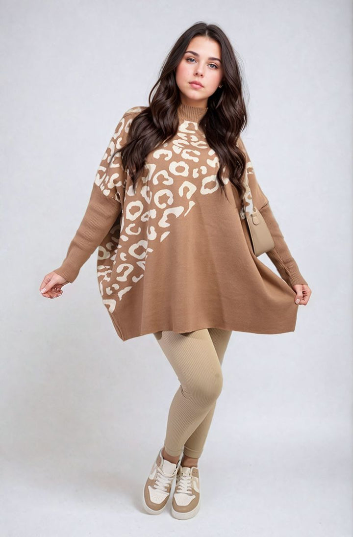 Woman wearing the Abigail Leopard Print Knitted Long Sleeve Jumper, posing stylishly, showcasing its trendy design and cozy fit for everyday elegance.