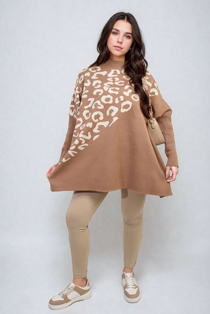 Leopard Print Knitted Long Sleeve Jumper modeled by a woman, showcasing its stylish design and cozy fit, perfect for enhancing everyday outfits with a trendy touch.