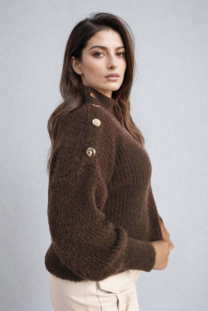 Woman wearing the Alejandra Buttons Long Sleeves Chunky Knit Top, featuring a cozy knit texture and button details, ideal for stylish layering and comfort.