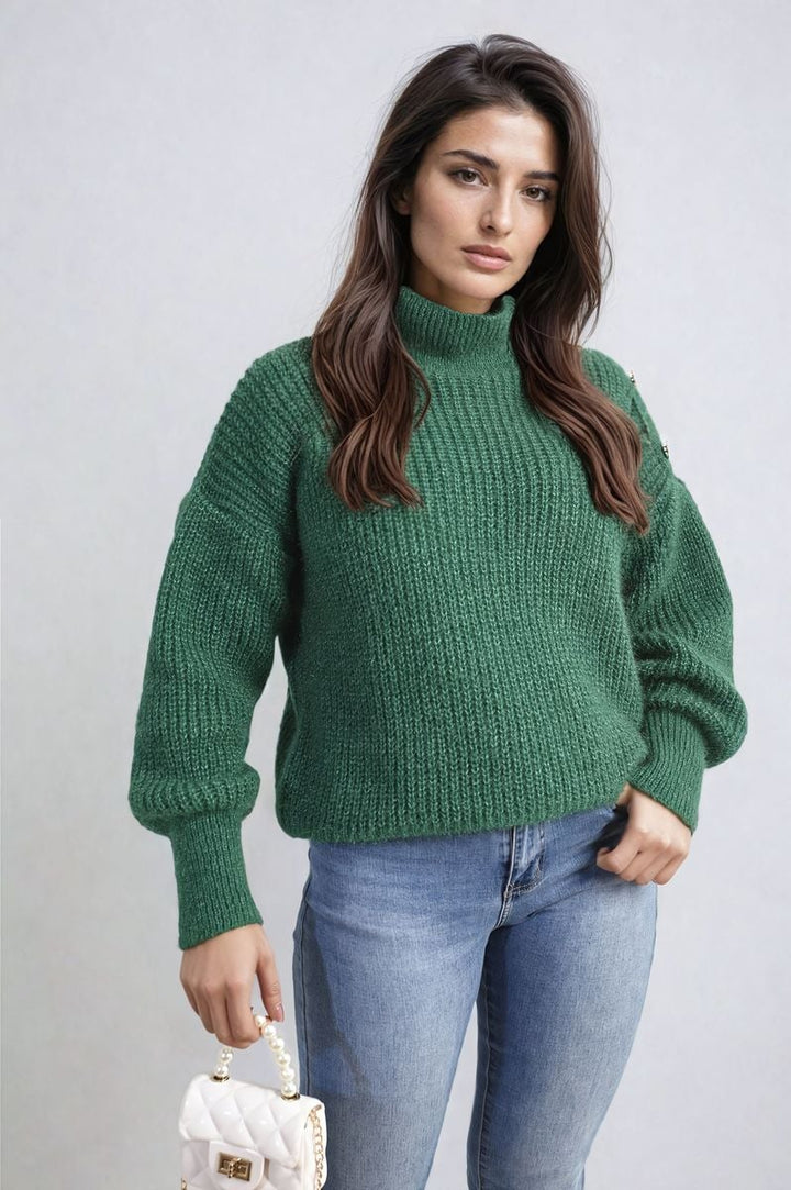 Woman wearing the Alejandra Buttons Long Sleeves Chunky Knit Top, showcasing its chunky knit texture and button details, ideal for a cozy, stylish look.