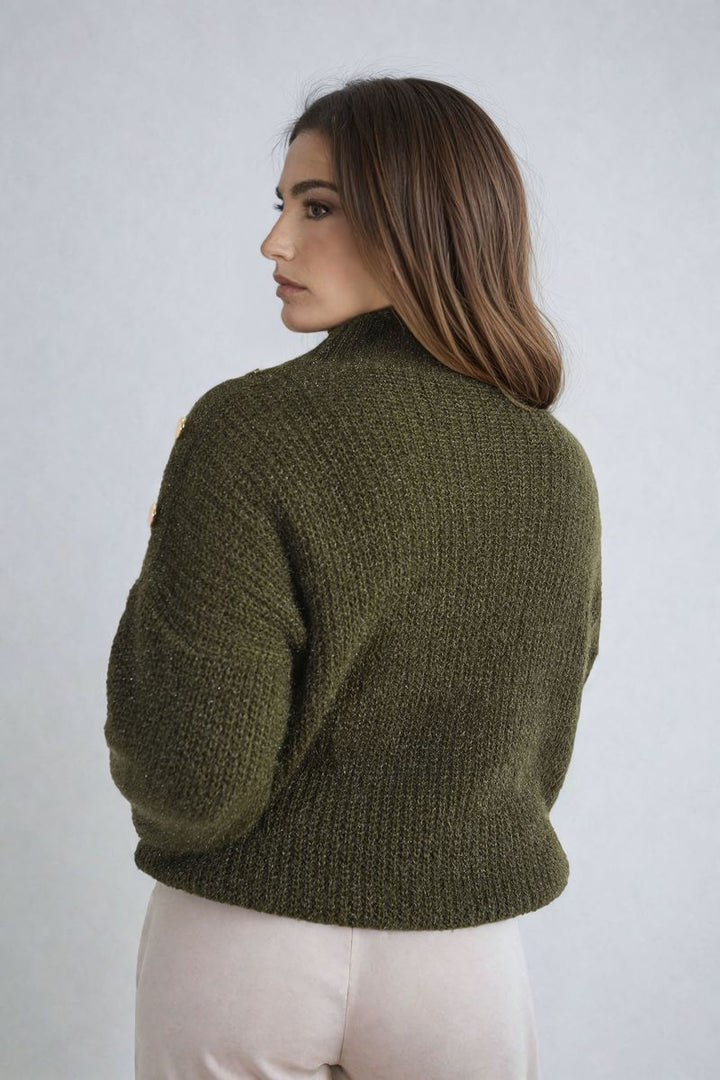 Woman wearing the Alejandra Buttons Long Sleeves Chunky Knit Top, showcasing its cozy chunky knit texture and stylish button details.