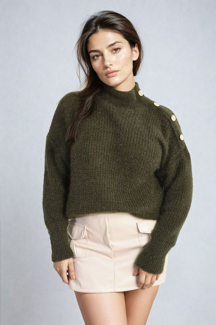 Woman wearing the Alejandra Buttons Long Sleeves Chunky Knit Top, showcasing its cozy, chunky knit texture and stylish button details, perfect for a trendy, layered look.