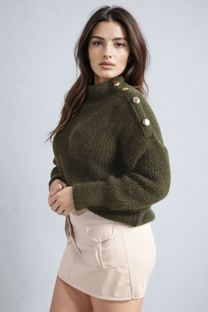 Woman wearing the Buttons Long Sleeves Chunky Knit Top with button details, showcasing its cozy, stylish texture ideal for layering and comfort.