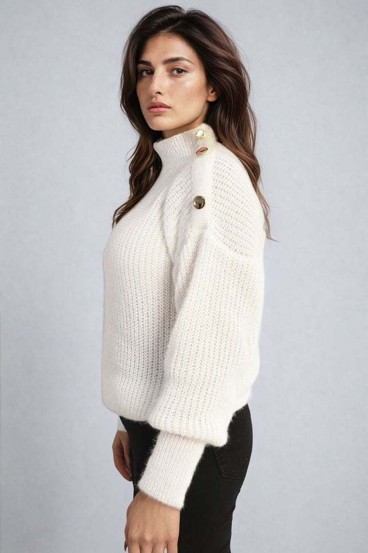 Woman wearing Alejandra Buttons Long Sleeves Chunky Knit Top, showcasing its cozy chunky knit texture and button details, ideal for stylish layering and warmth.