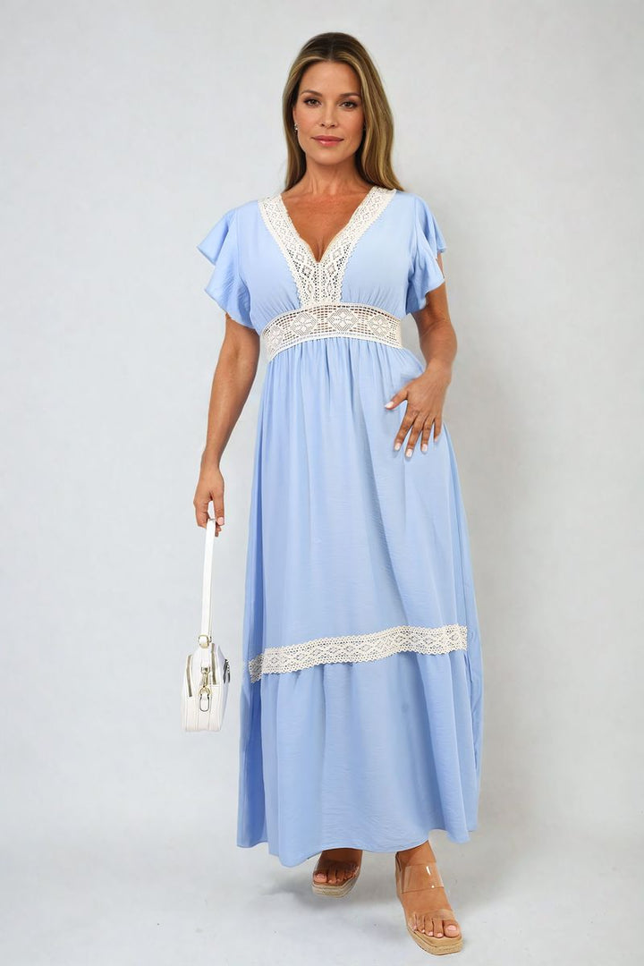 V-neck Lace Trim Maxi Dress on woman holding a cane, showcasing elegant design and lace details, ideal for stylish holiday occasions from Holiday Clothes UK.