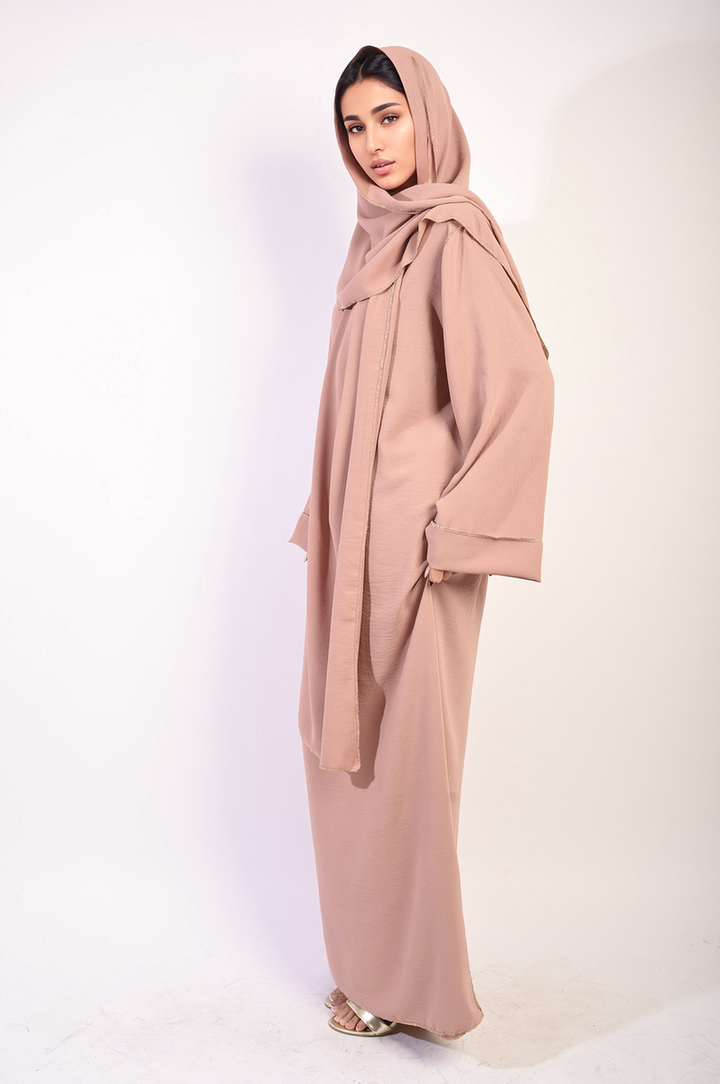 Long Sleeve Closed Abaya Maxi Dress with Embellished Piping, featuring elegant design and comfortable fit, perfect for stylish occasions and everyday wear. Scarf included.