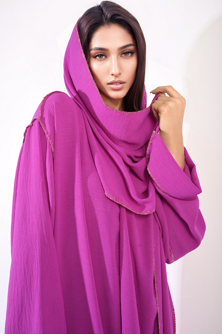 Long Sleeve Closed Abaya Maxi Dress with Embellished Piping, featuring a woman wearing the dress with a matching purple scarf.