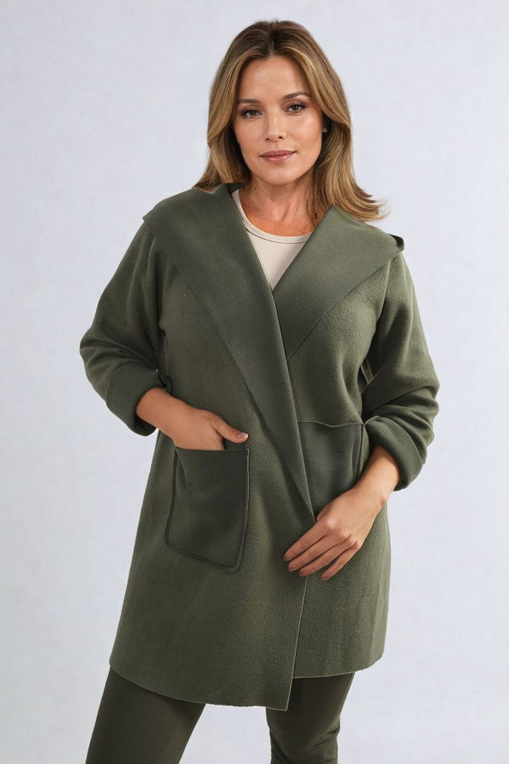 Woman wearing the Open Front Folded Sleeve Jacket with Pockets, showcasing its sleek design and practical pockets, ideal for stylish layering.