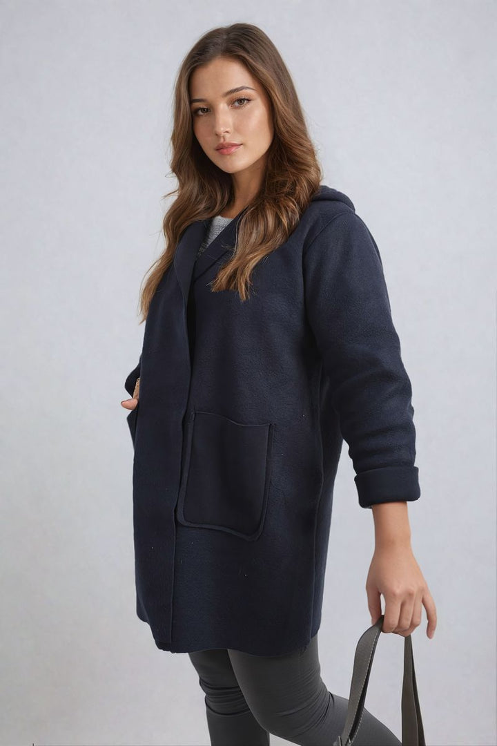 Woman wearing an Open Front Folded Sleeve Jacket with Pockets, showcasing its chic design and practicality, ideal for casual outings.