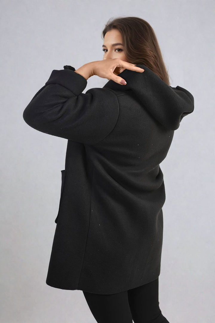 Woman in an Open Front Folded Sleeve Jacket with Pockets, showcasing a stylish, versatile outerwear piece perfect for casual outings.