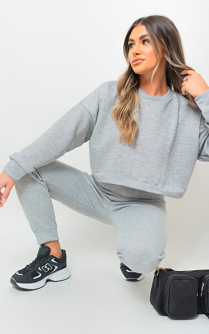 Woman in Amanda Sweatshirt and Jogger Loungewear Co-ord Set, showcasing relaxed fit and cozy style, perfect for lounging or casual outings.