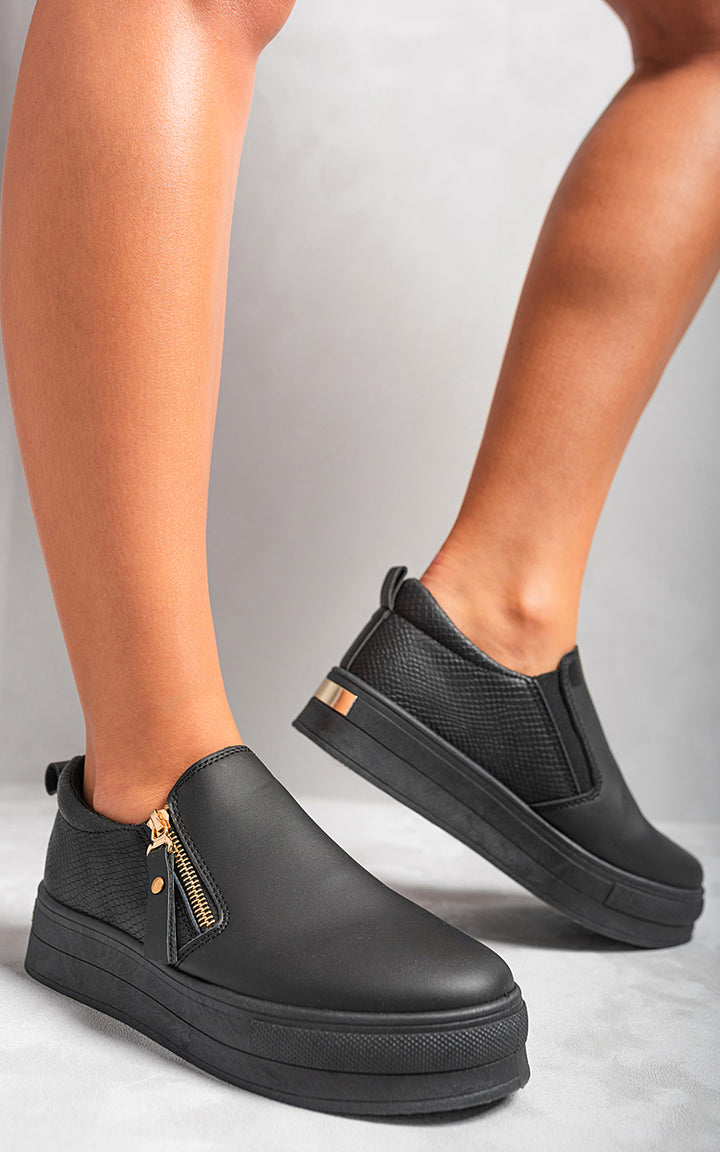 Zipper Decor Slip On Trainers showcasing a sleek silhouette with zipper accents, embodying urban style and effortless wear for versatile, everyday fashion.