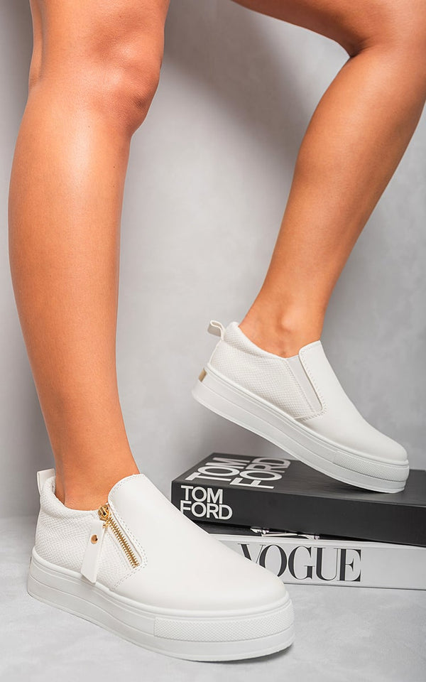 Andrea Zipper Decor Slip On Trainers showcasing sleek design with zipper accents, perfect for modern urban style and effortless wear.