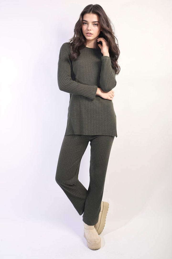 Woman wearing Annalise Knitted Top and Trouser Co-ord Set, showcasing a stylish, comfortable outfit ideal for casual outings or lounging.