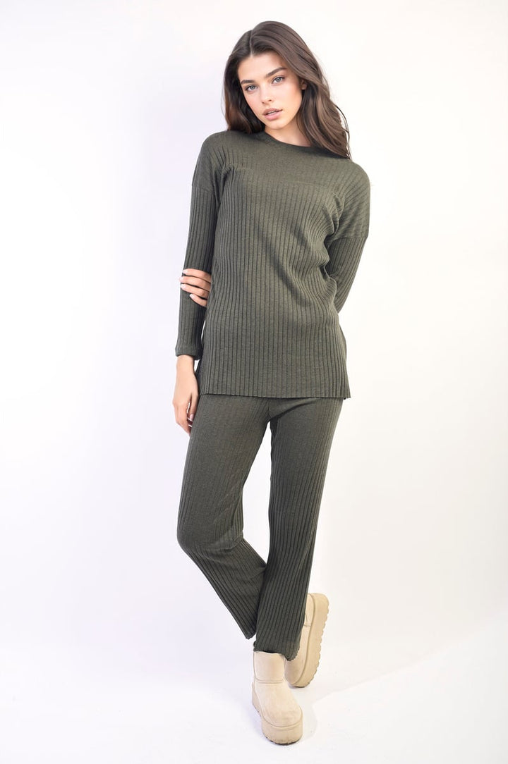 Woman modeling Annalise Knitted Top and Trouser Co-ord Set, showcasing a cozy, stylish outfit perfect for casual wear, available at Holiday-clothes.co.uk.