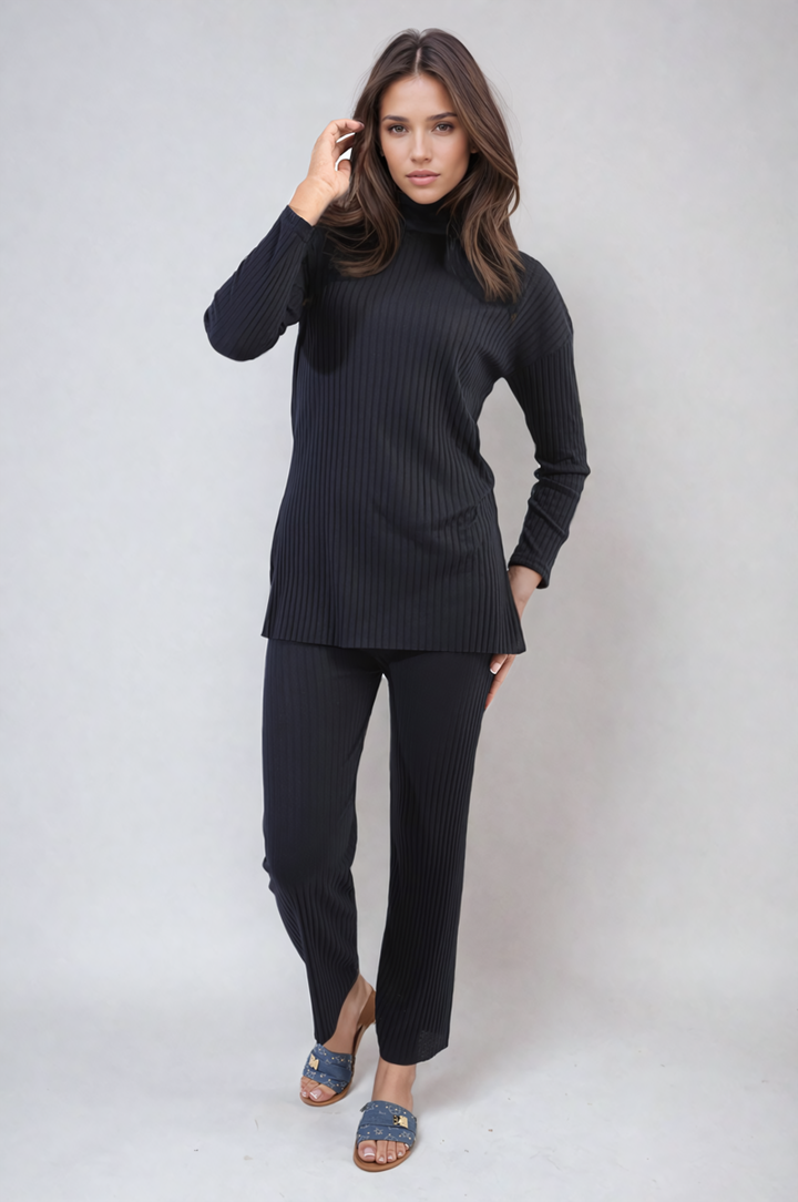 Woman wearing Annalise Knitted Top and Trouser Co-ord Set, showcasing a chic, relaxed fit ideal for casual outings or lounging.