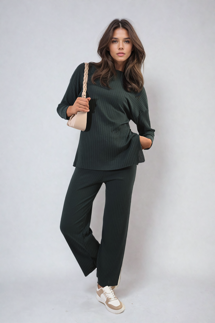 Woman modeling the Annalise Knitted Top and Trouser Co-ord Set, showcasing its relaxed fit and stylish design, perfect for casual and smart-casual occasions.