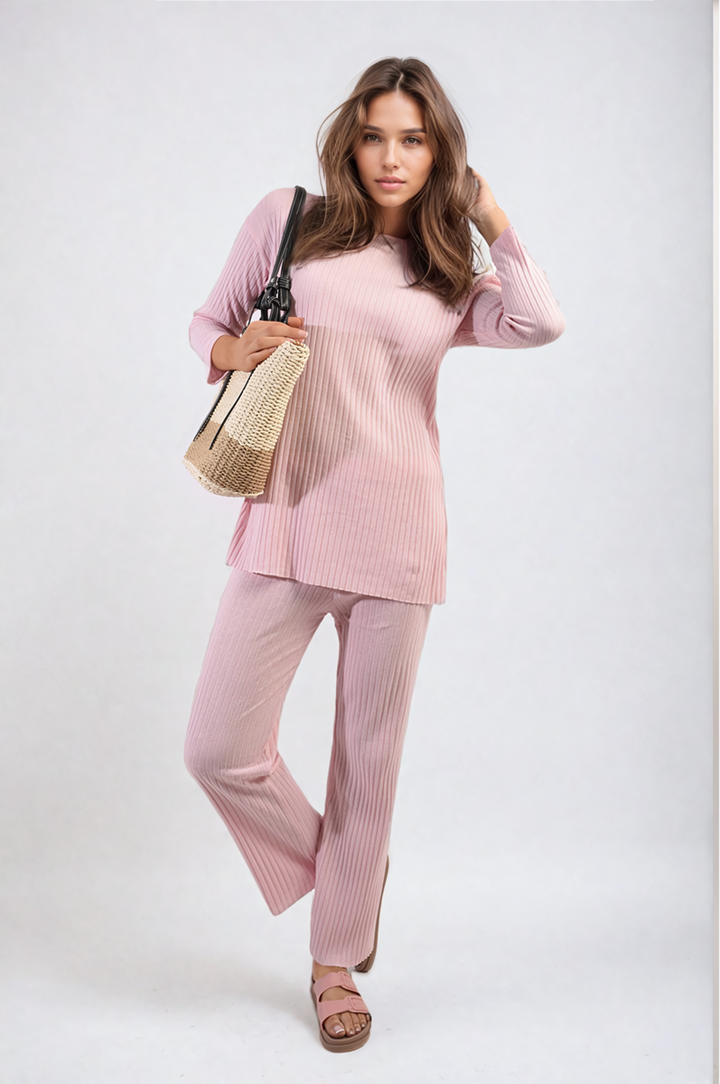 Woman wearing Annalise Knitted Top and Trouser Co-ord Set, showcasing a stylish and comfortable outfit perfect for casual outings or lounging.