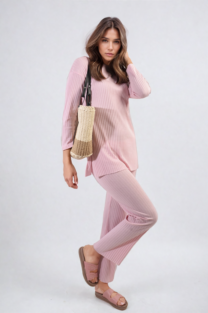 Woman wearing Annalise Knitted Top and Trouser Co-ord Set, showcasing its relaxed fit, perfect for casual or stylish outings.