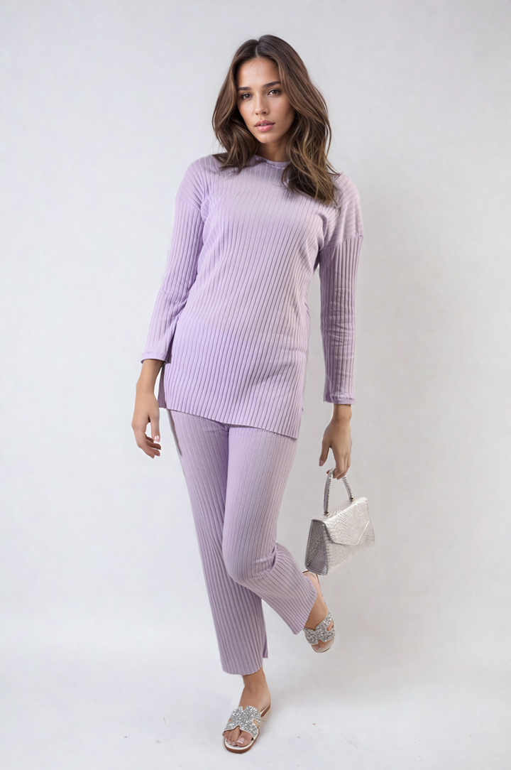 Woman modeling the Annalise Knitted Top and Trouser Co-ord Set, featuring a stylish and comfortable knit design, perfect for casual or smart-casual occasions.