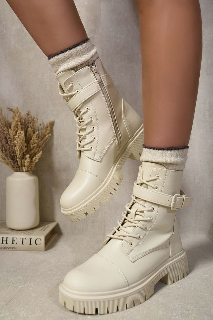 Lace Up Buckle Chunky Combat Boots showcasing edgy lace-up design and buckle detail, perfect for versatile style and comfort.