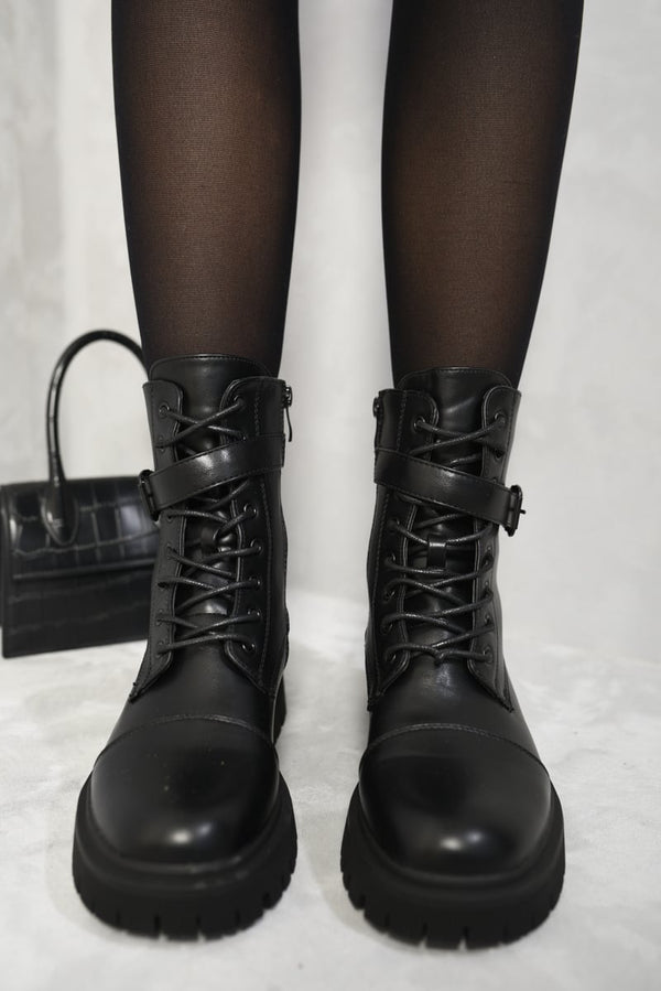 Lace Up Buckle Chunky Combat Boots featuring lace-up front and buckle details, perfect for adding an edgy vibe to any outfit.