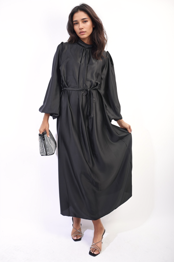 Woman in Long Sleeve High Neck Belted Maxi Dress, showcasing elegant design and waist-cinching belt, perfect for stylish events.