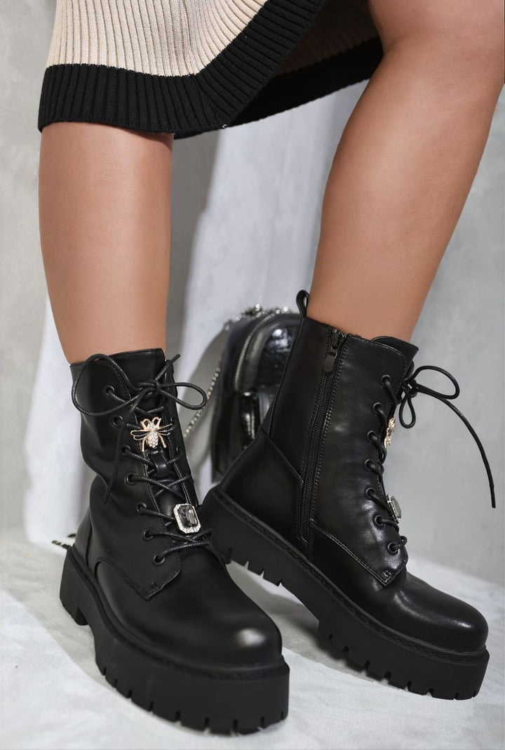 Zip Lace Up Chunky Biker Boots with Decor Details featuring a lace-up front, side zip, and chunky design for an edgy, stylish look.