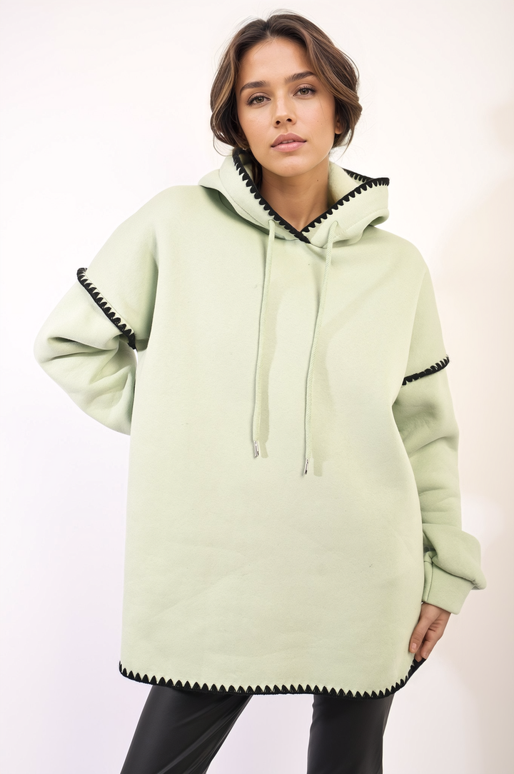 Bella Blanket Stitch Knitted Hoodie with cozy knit design and blanket stitch detail, perfect for chilly days. Ideal for casual outings or lounging. Shop online at Holiday Clothes UK.