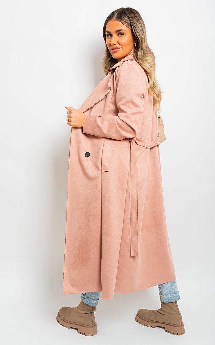 Open Front Lapel Neck Longline Trench Coat worn by a woman, showcasing its elegant silhouette and sophisticated design. Perfect for stylish holiday and everyday wear.