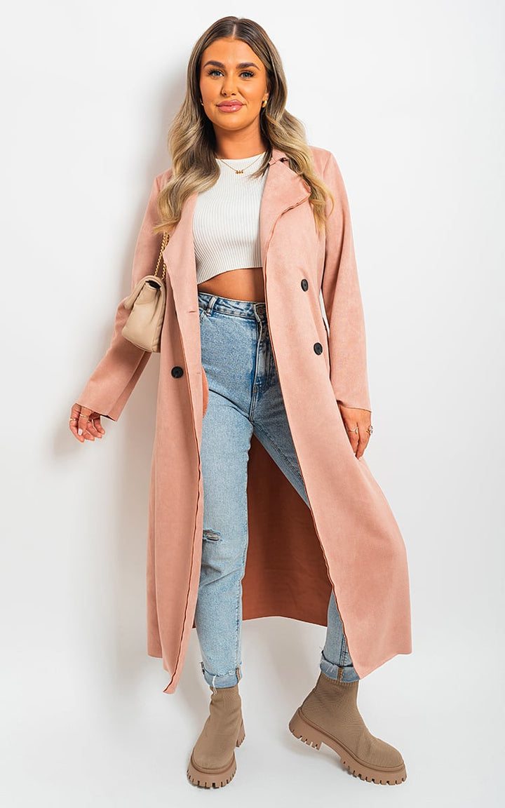 Woman wearing Open Front Lapel Neck Longline Trench Coat with long blonde hair and brown boots, showcasing elegant outerwear style and versatility.