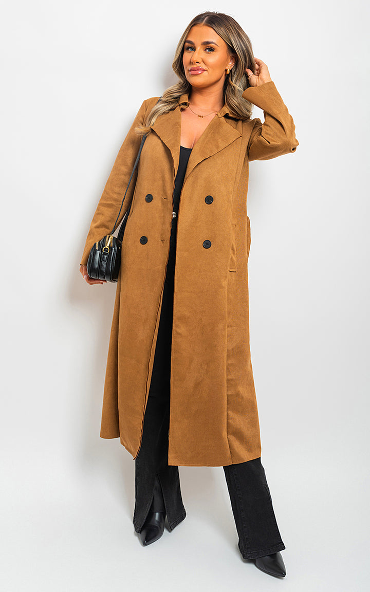 Woman in an Open Front Lapel Neck Longline Trench Coat, showcasing a chic and versatile outerwear style perfect for layering and transitional seasons.