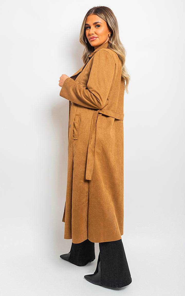 Open Front Lapel Neck Longline Trench Coat showcased by a woman, highlighting its belted design and stylish sophistication for versatile, chic outerwear.