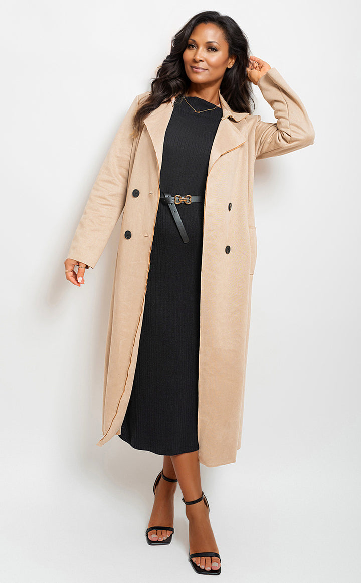 Woman wearing the Open Front Lapel Neck Longline Trench Coat, showcasing its elegant design and versatile style, perfect for layering in transitional weather.