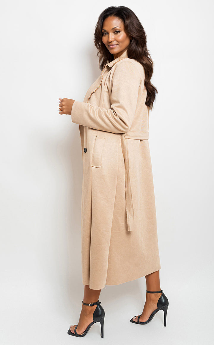 Open Front Lapel Neck Longline Trench Coat on a woman, showcasing its stylish, longline design and versatile elegance, perfect for layering during transitional seasons.