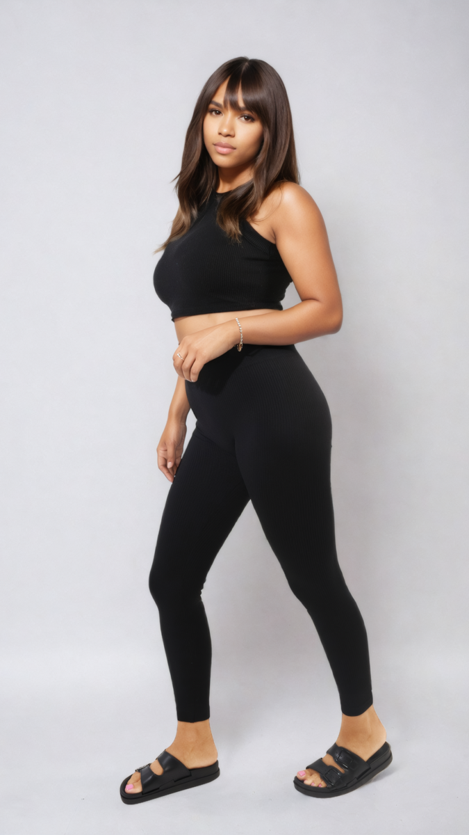 High Waisted Wide Band Leggings shown on a model, highlighting the leggings' sleek design and high-waisted fit, ideal for active or casual wear.