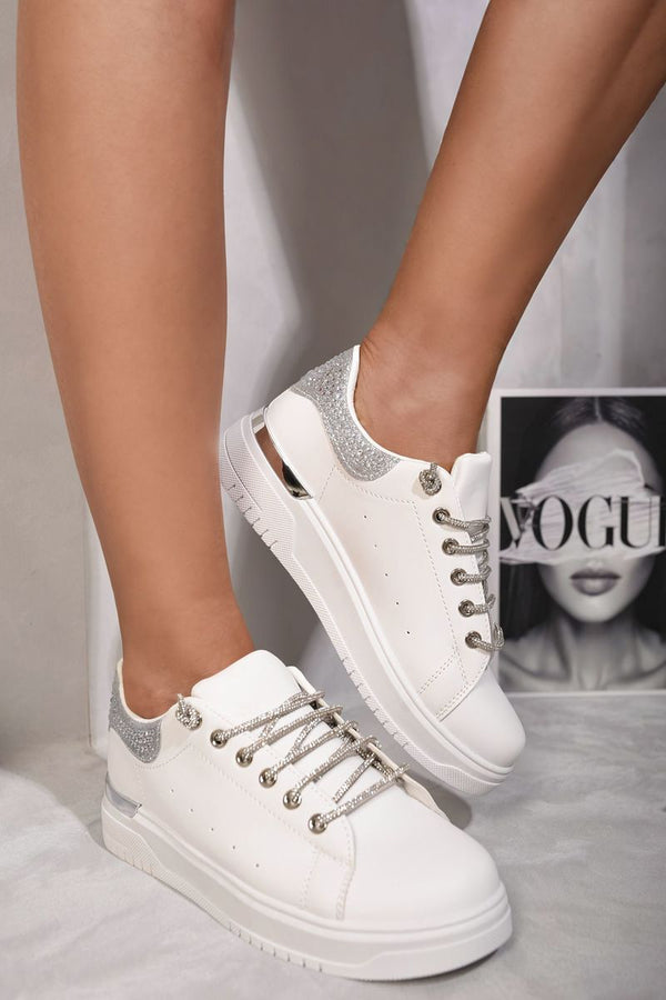 Embellished Lace Platform Trainers with silver laces, offering a stylish and comfortable design ideal for elevating casual outfits.