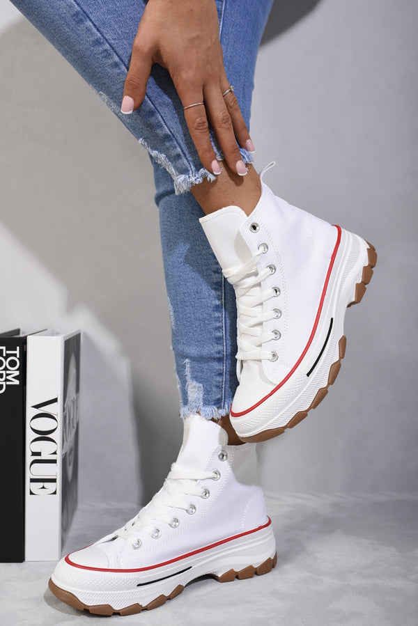 High Top Platform Lace Up Trainers showcasing a stylish high-top design with a platform sole, perfect for elevating casual outfits.