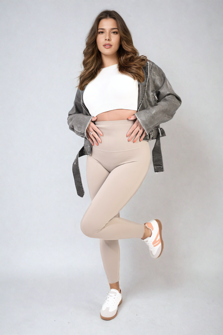 Woman wearing Camila High Waist Wide Waistband Leggings, showcasing a stylish and supportive fit, ideal for activewear and everyday comfort.