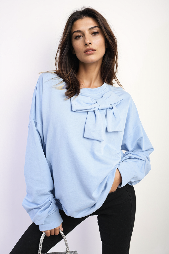 Long Sleeve Bow Detail Jumper featuring elegant bow accents on sleeves, perfect for stylish comfort. Ideal for any occasion from Holiday Clothes UK.