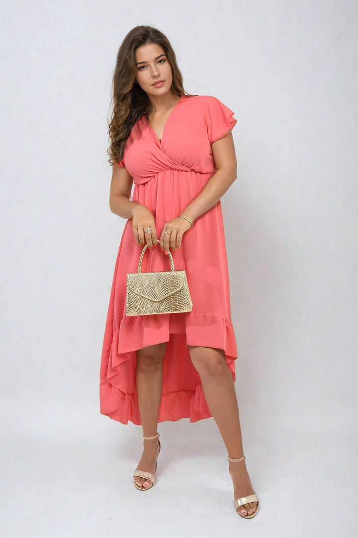 Woman in pink High Low Ruffle Hem Maxi Dress holding a gold purse, showcasing elegant fashion suitable for special occasions.