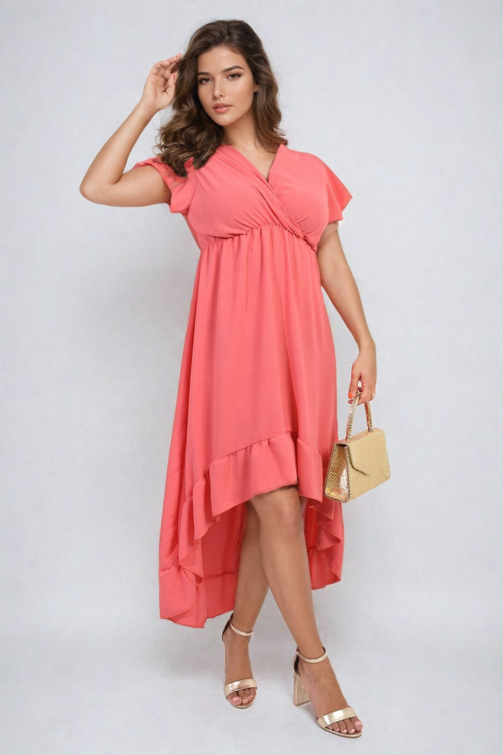 Woman in a High Low Ruffle Hem Maxi Dress holding a purse, showcasing elegant design and flowing silhouette, perfect for stylish occasions.