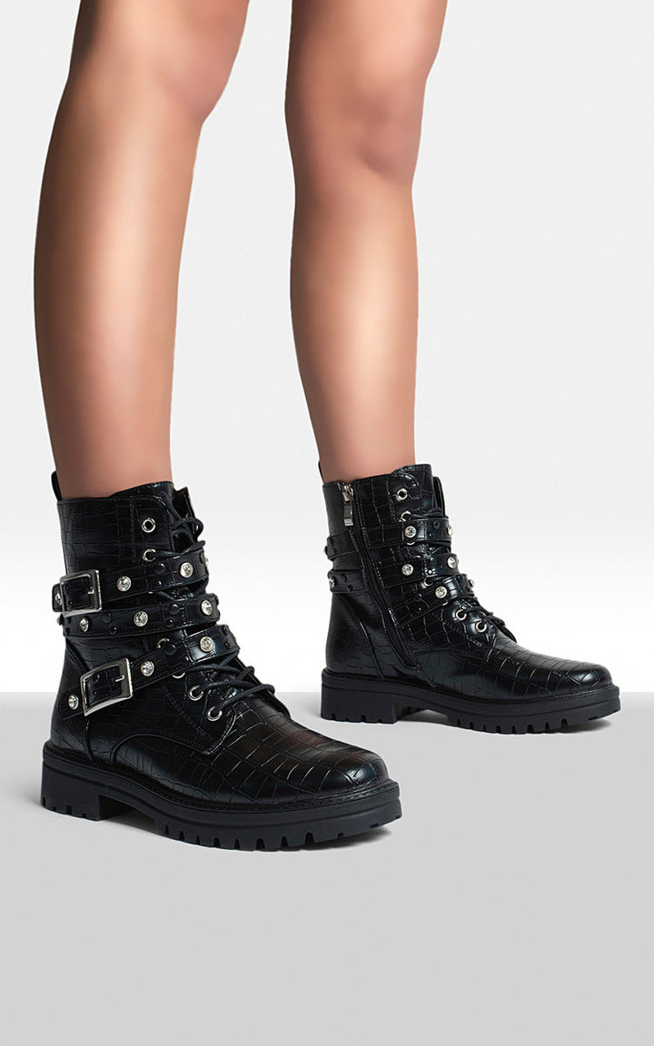 Chunky Lace Up Ankle Boots showcasing a chunky lace-up design, perfect for elevating any outfit with stylish flair.